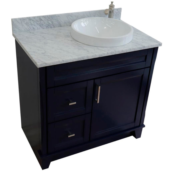 Bellaterra Home, Terni 37" Blue Vanity, Door on Right, Round Sink on Right, White Carrara Marble#top-options_white-carrara-marble-top