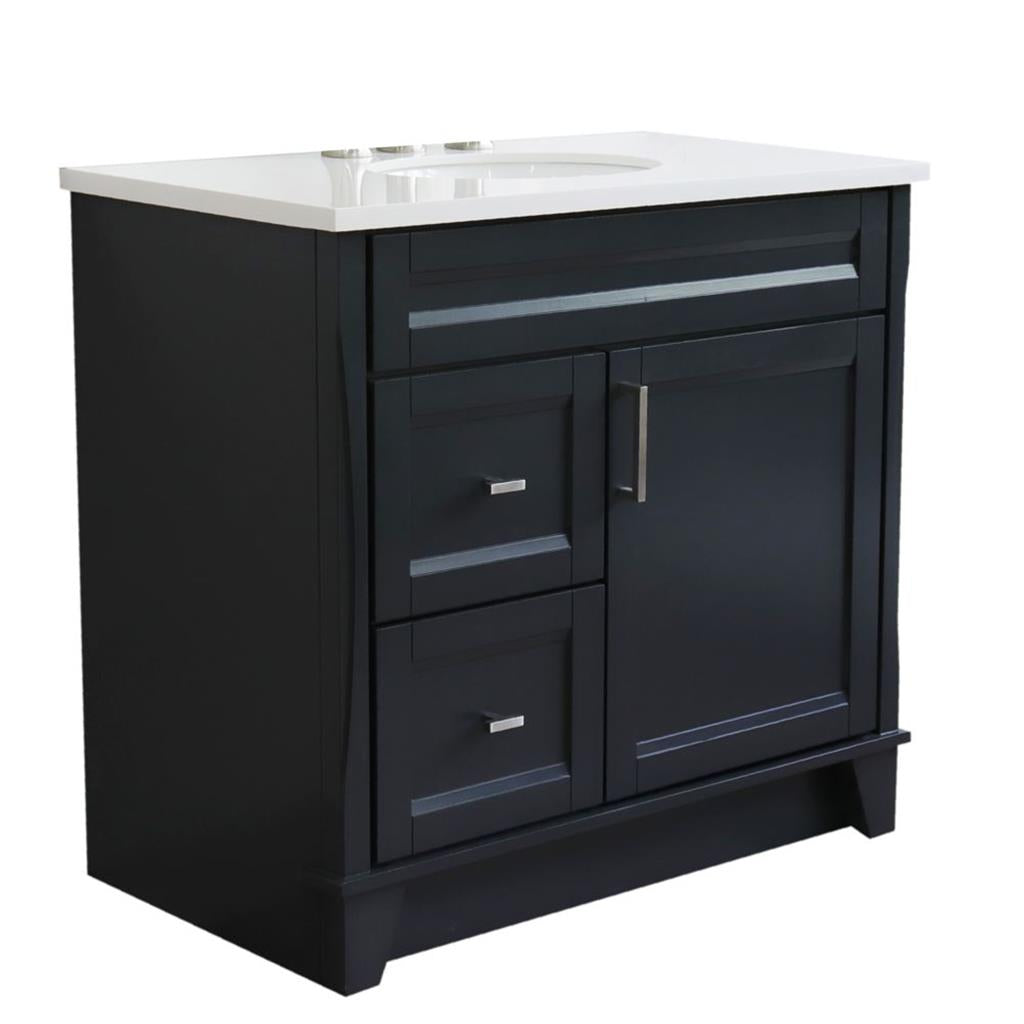 Bellaterra Home, Terni 37" Dark Gray Vanity, Door on Right, Oval Sink on Center, White Quartz#top-options_white-quartz-top