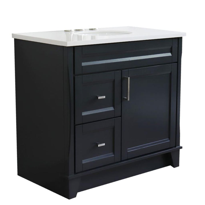 Bellaterra Home, Terni 37" Dark Gray Vanity, Door on Right, Oval Sink on Center, White Quartz#top-options_white-quartz-top