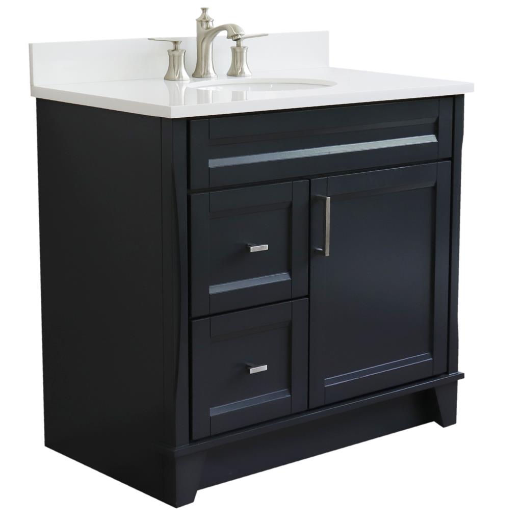 Bellaterra Home, Terni 37" Dark Gray Vanity, Door on Right, Oval Sink on Center, White Quartz#top-options_white-quartz-top