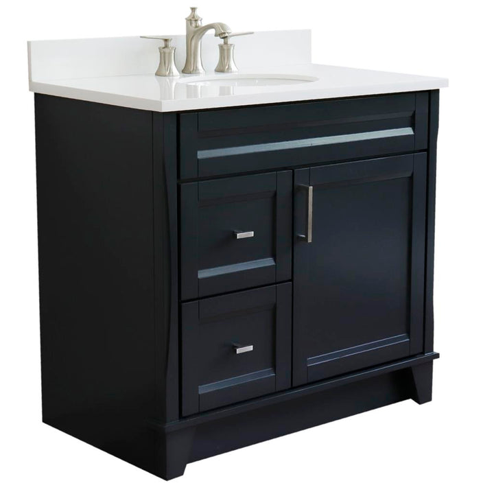 Bellaterra Home, Terni 37" Dark Gray Vanity, Door on Right, Oval Sink on Center, White Quartz#top-options_white-quartz-top