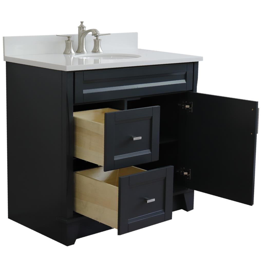 Bellaterra Home, Terni 37" Dark Gray Vanity, Door on Right, Oval Sink on Center, White Quartz#top-options_white-quartz-top