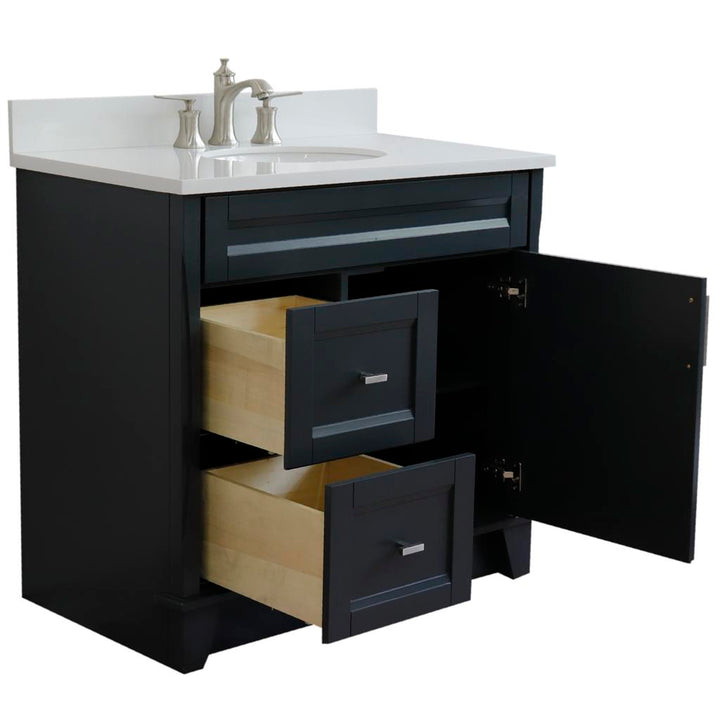 Bellaterra Home, Terni 37" Dark Gray Vanity, Door on Right, Oval Sink on Center, White Quartz#top-options_white-quartz-top