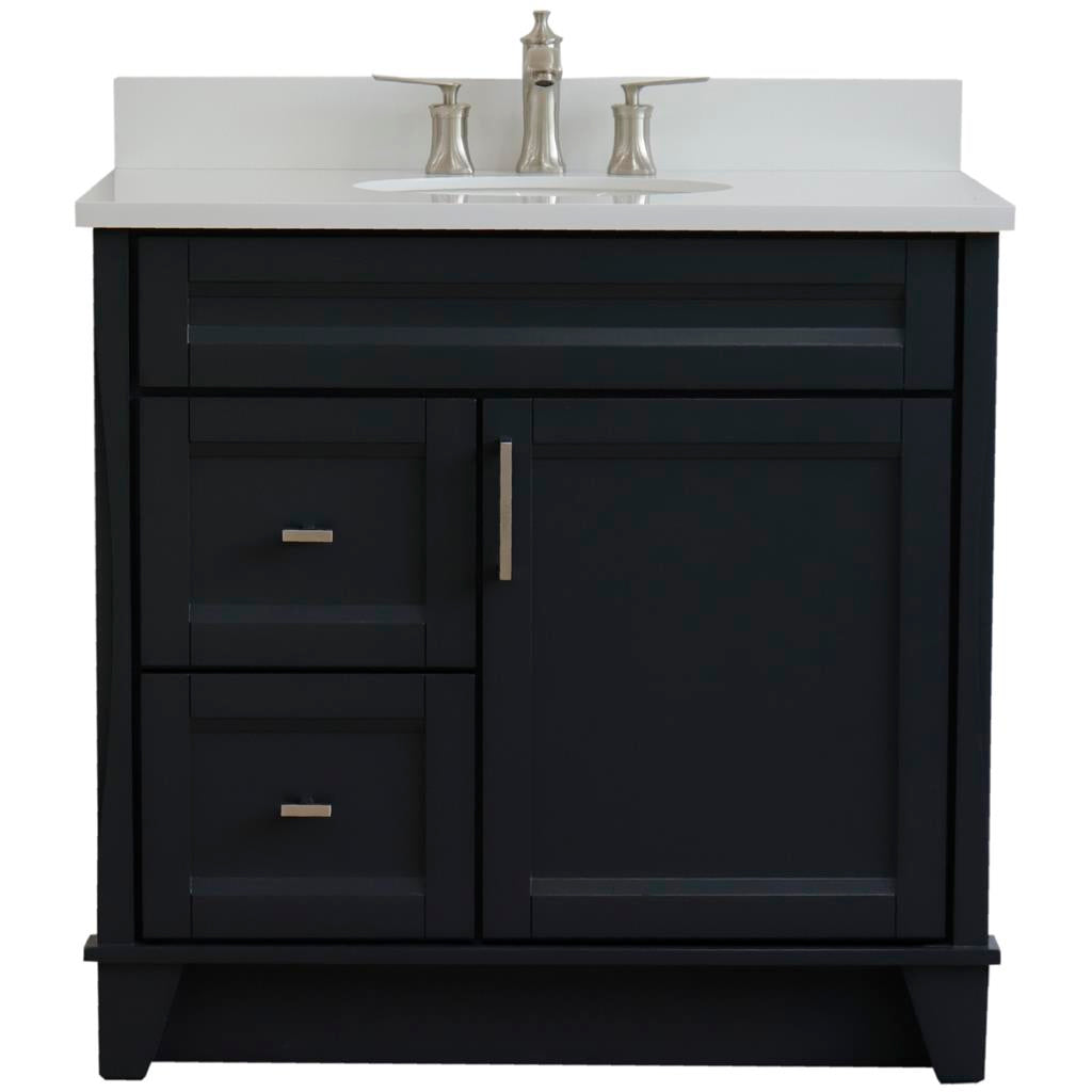 Bellaterra Home, Terni 37" Dark Gray Vanity, Door on Right, Oval Sink on Center, White Quartz#top-options_white-quartz-top
