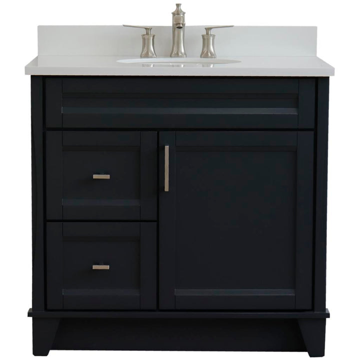 Bellaterra Home, Terni 37" Dark Gray Vanity, Door on Right, Oval Sink on Center, White Quartz#top-options_white-quartz-top