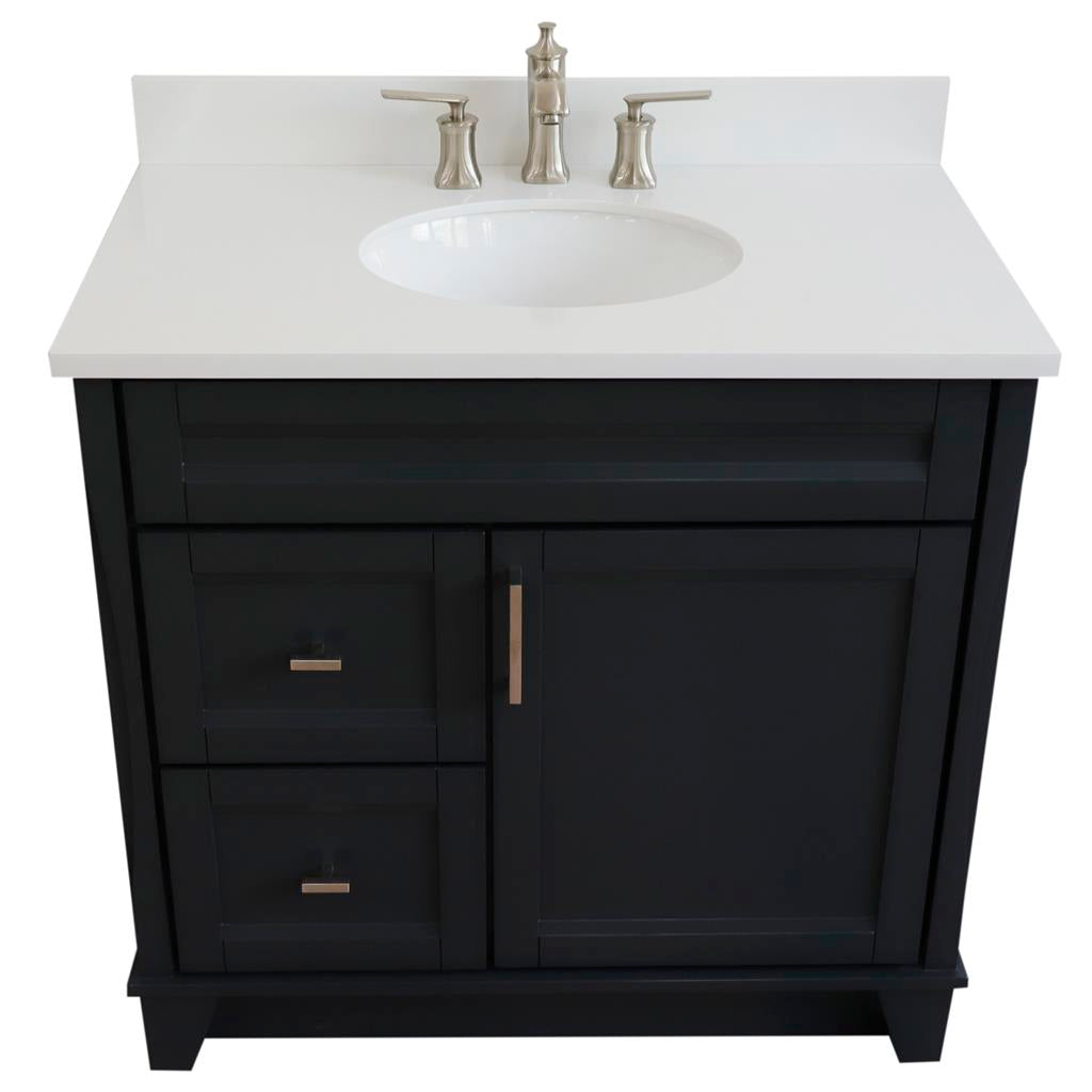 Bellaterra Home, Terni 37" Dark Gray Vanity, Door on Right, Oval Sink on Center, White Quartz#top-options_white-quartz-top