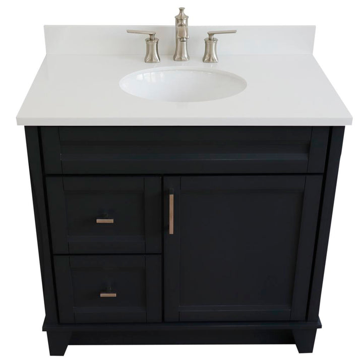 Bellaterra Home, Terni 37" Dark Gray Vanity, Door on Right, Oval Sink on Center, White Quartz#top-options_white-quartz-top