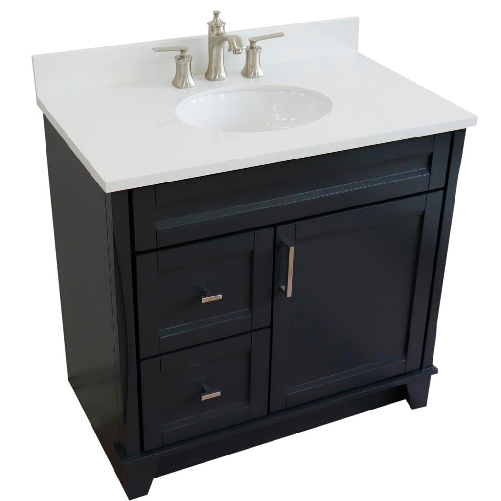 Bellaterra Home, Terni 37" Dark Gray Vanity, Door on Right, Oval Sink on Center, White Quartz#top-options_white-quartz-top