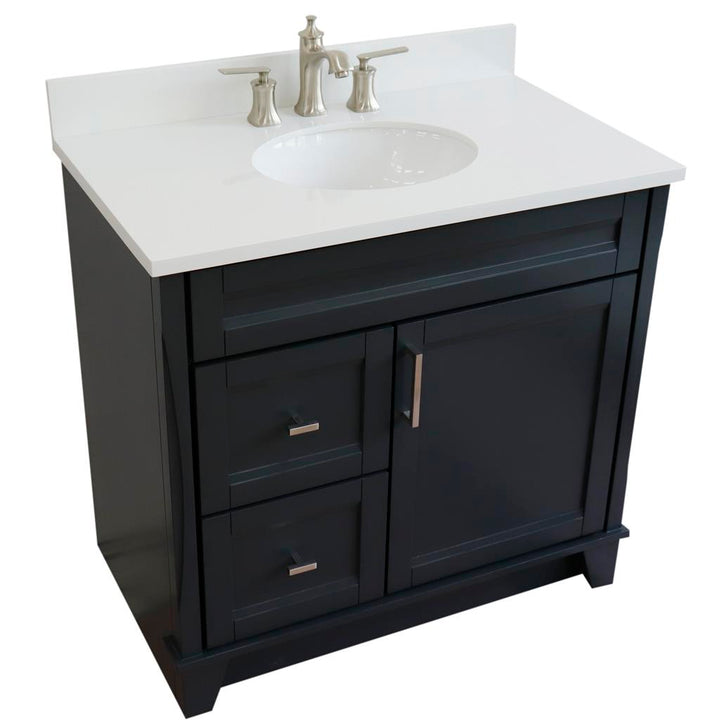 Bellaterra Home, Terni 37" Dark Gray Vanity, Door on Right, Oval Sink on Center, White Quartz#top-options_white-quartz-top