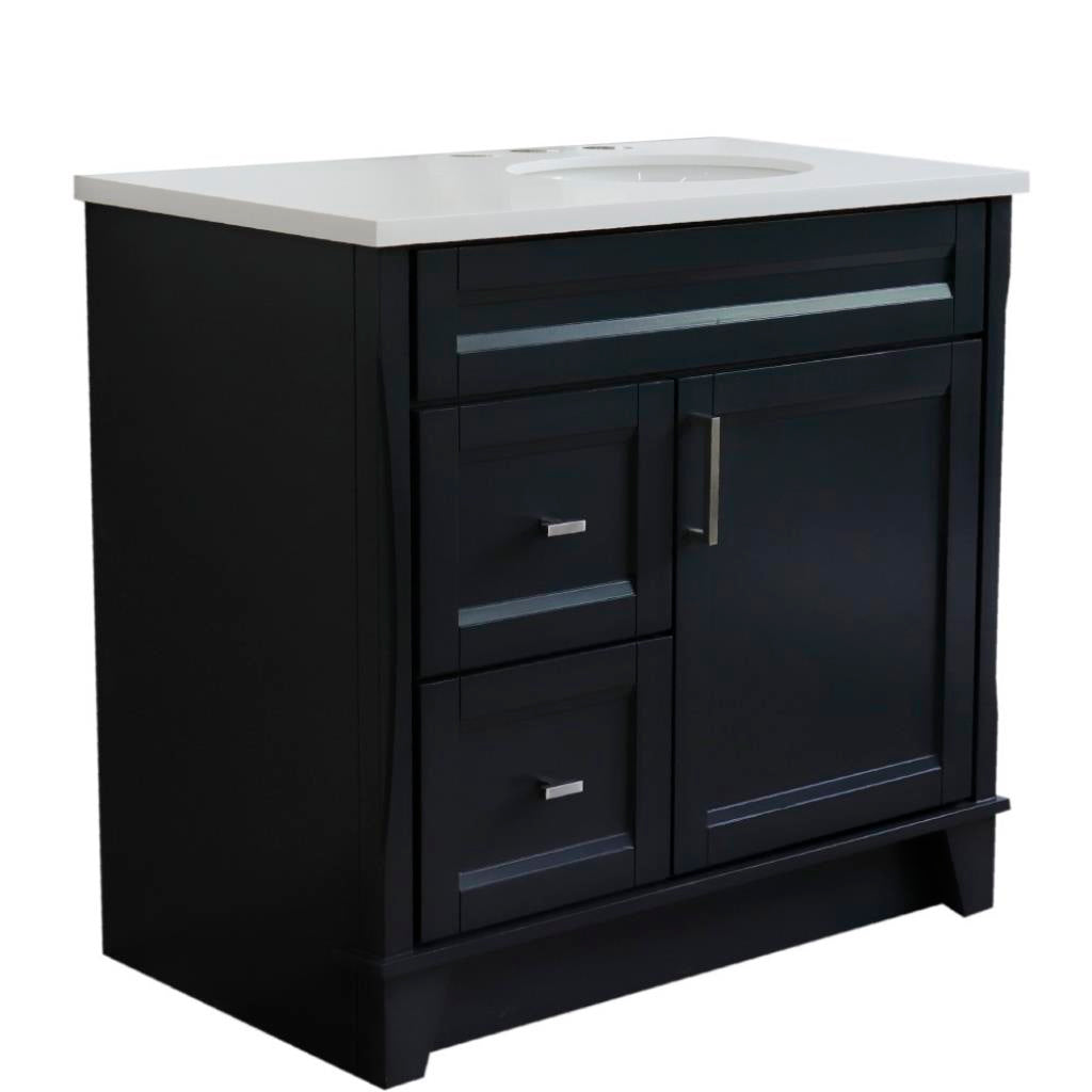 Bellaterra Home, Terni 37" Dark Gray Vanity, Door on Right, Oval Sink on Right, White Quartz#top-options_white-quartz-top