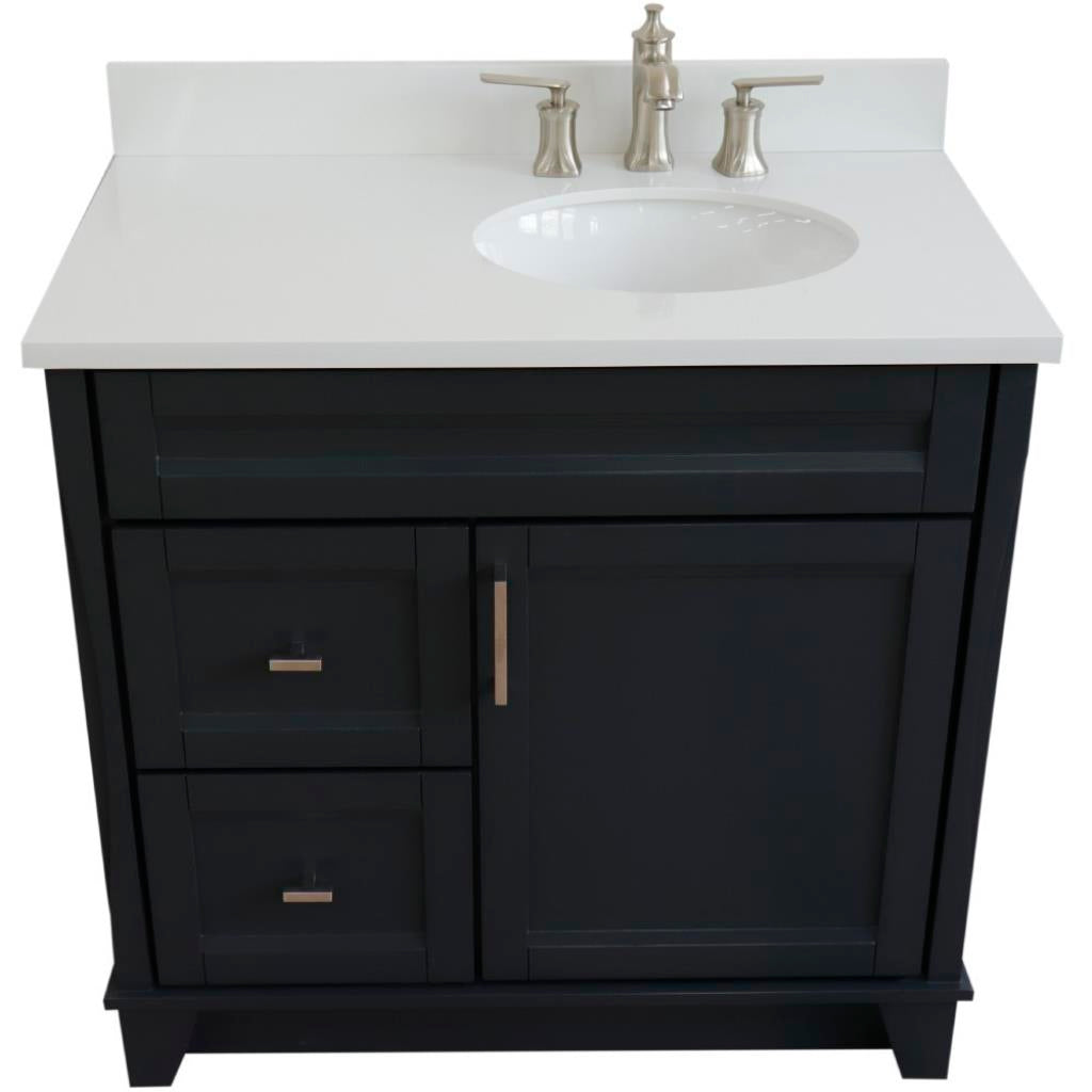 Bellaterra Home, Terni 37" Dark Gray Vanity, Door on Right, Oval Sink on Right, White Quartz#top-options_white-quartz-top