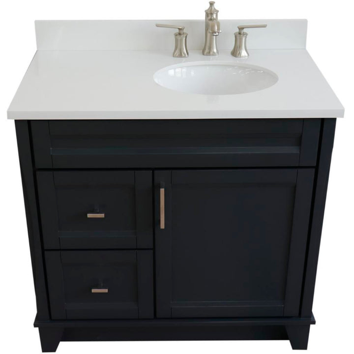 Bellaterra Home, Terni 37" Dark Gray Vanity, Door on Right, Oval Sink on Right, White Quartz#top-options_white-quartz-top