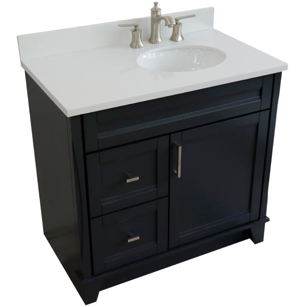 Bellaterra Home, Terni 37" Dark Gray Vanity, Door on Right, Oval Sink on Right, White Quartz#top-options_white-quartz-top
