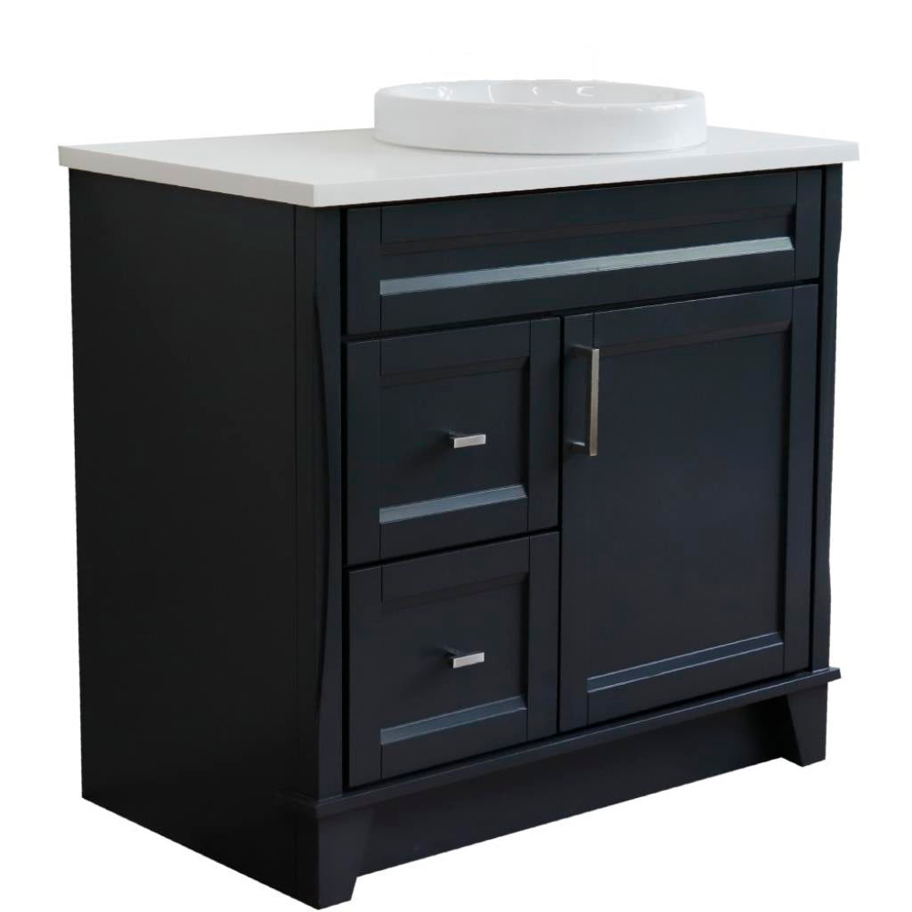 Bellaterra Home, Terni 37" Dark Gray Vanity, Door on Right, Round Sink on Right, White Quartz#top-options_white-quartz-top