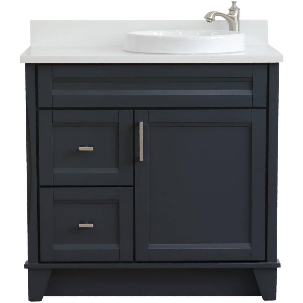Bellaterra Home, Terni 37" Dark Gray Vanity, Door on Right, Round Sink on Right, White Quartz#top-options_white-quartz-top