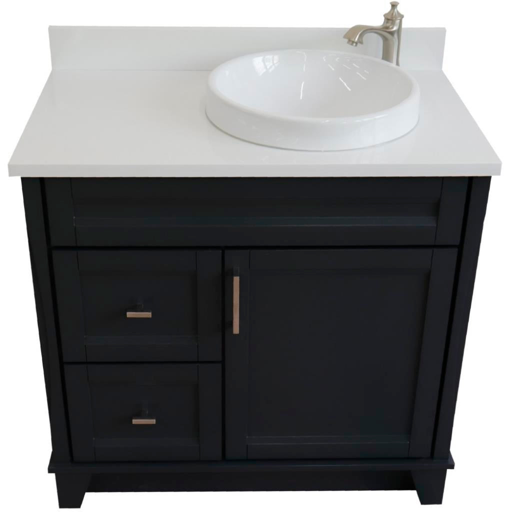 Bellaterra Home, Terni 37" Dark Gray Vanity, Door on Right, Round Sink on Right, White Quartz#top-options_white-quartz-top
