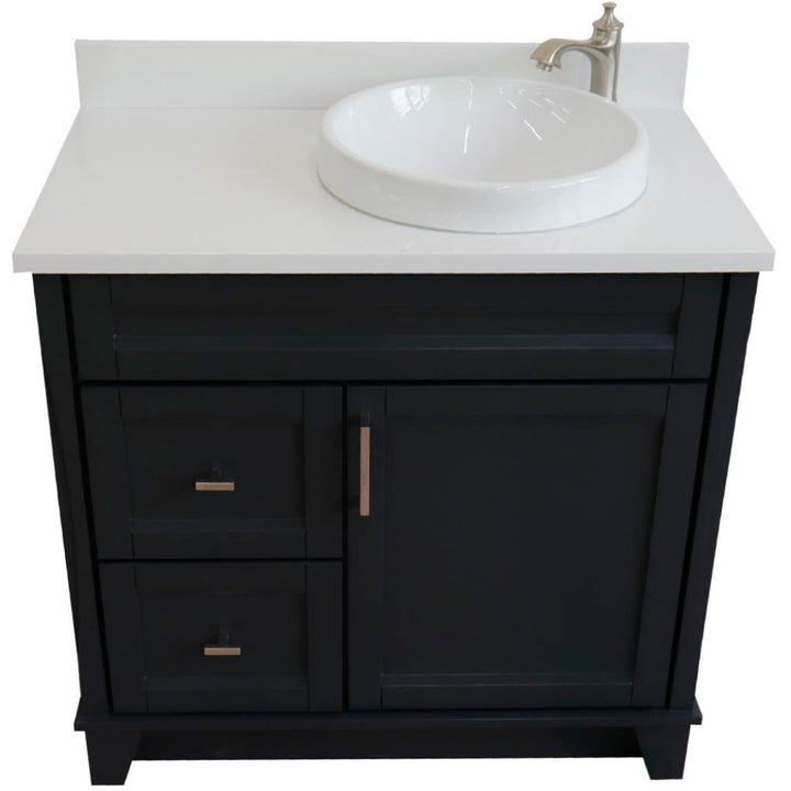 Bellaterra Home, Terni 37" Dark Gray Vanity, Door on Right, Round Sink on Right, White Quartz#top-options_white-quartz-top