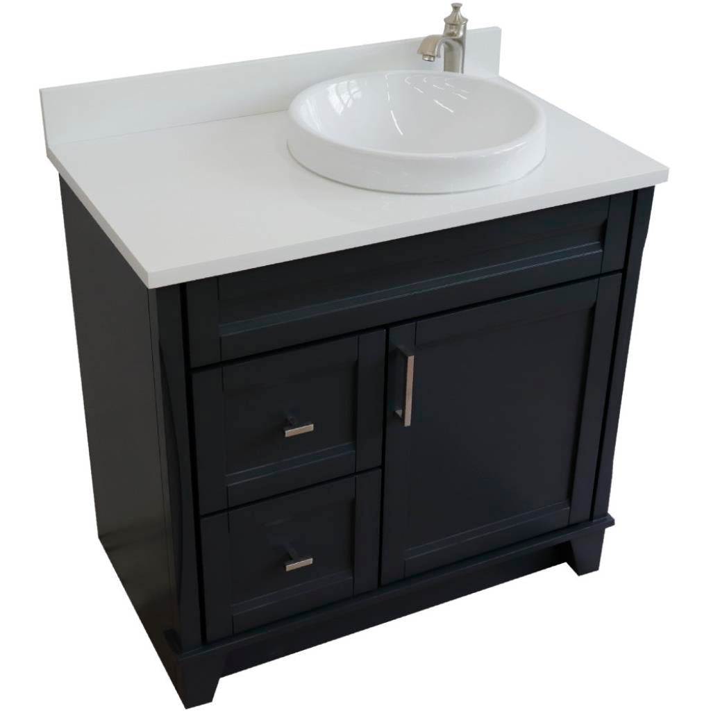 Bellaterra Home, Terni 37" Dark Gray Vanity, Door on Right, Round Sink on Right, White Quartz#top-options_white-quartz-top