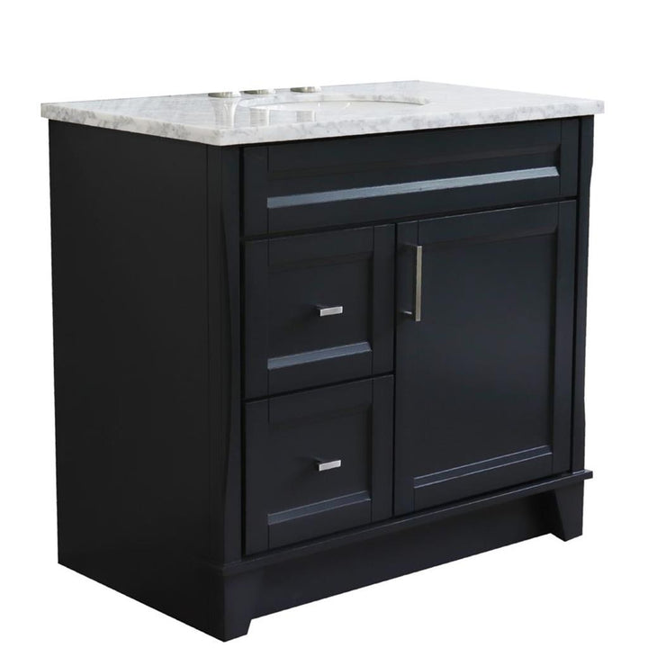 Bellaterra Home, Terni 37" Dark Gray Vanity, Door on Right, Oval Sink on Center, White Carrara Marble#top-options_white-carrara-marble-top