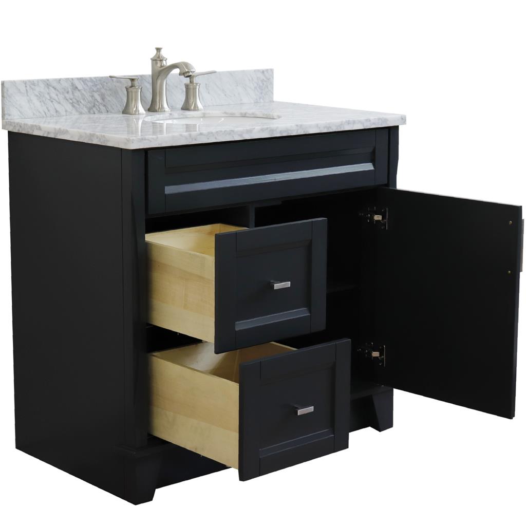 Bellaterra Home, Terni 37" Dark Gray Vanity, Door on Right, Oval Sink on Center, White Carrara Marble#top-options_white-carrara-marble-top