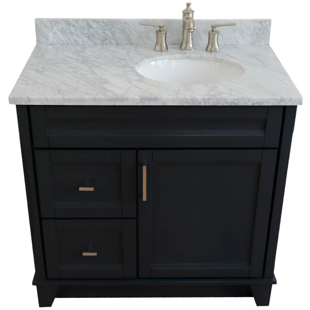 Bellaterra Home, Terni 37" Dark Gray Vanity, Door on Right, Oval Sink on Right, White Carrara Marble#top-options_white-carrara-marble-top