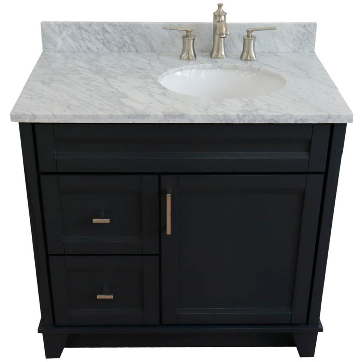 Bellaterra Home, Terni 37" Dark Gray Vanity, Door on Right, Oval Sink on Right, White Carrara Marble#top-options_white-carrara-marble-top