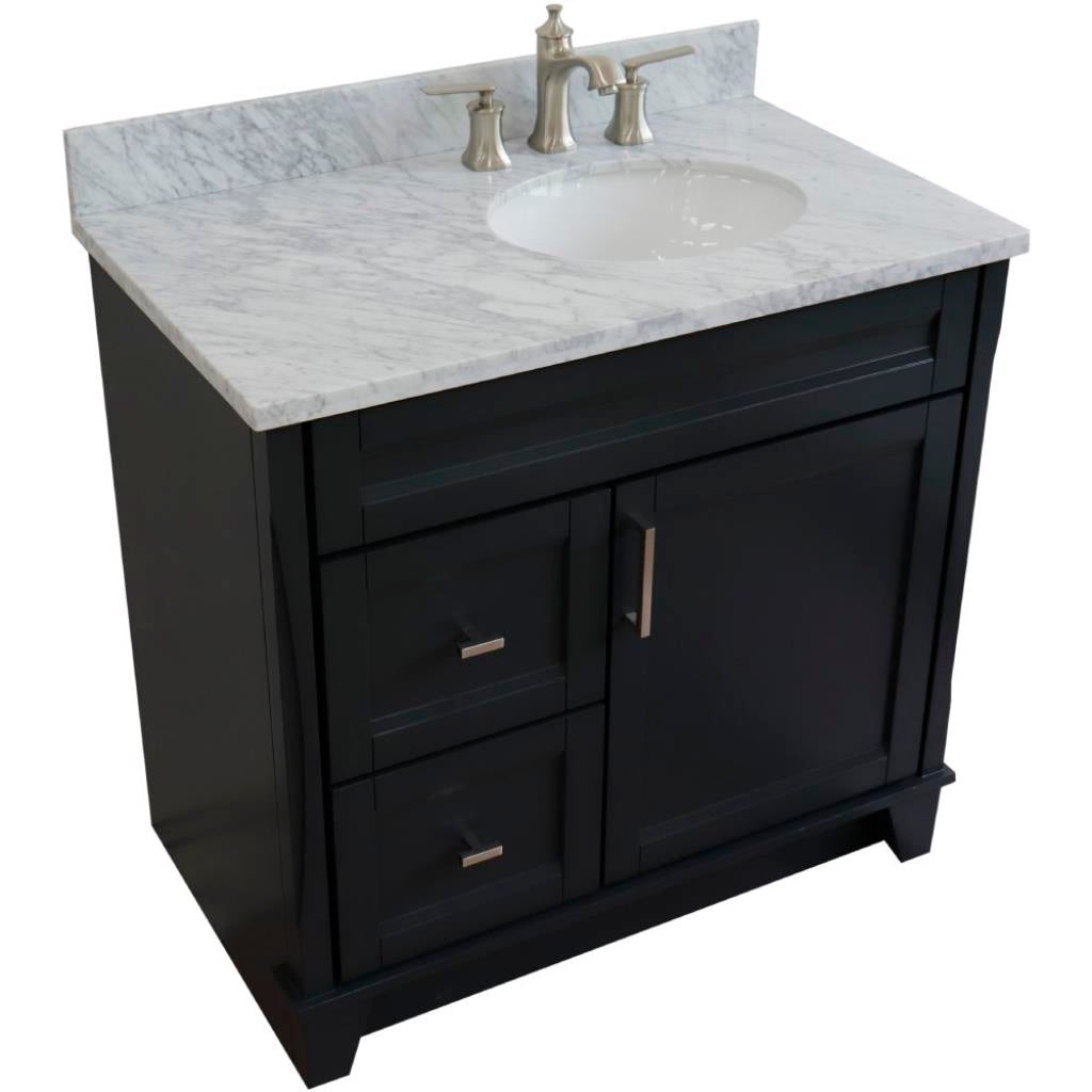 Bellaterra Home, Terni 37" Dark Gray Vanity, Door on Right, Oval Sink on Right, White Carrara Marble#top-options_white-carrara-marble-top