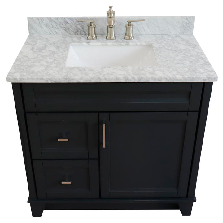 Bellaterra Home, Terni 37" Dark Gray Vanity, Door on Right, Rectangle Sink on Center, White Carrara Marble#top-options_white-carrara-marble-top