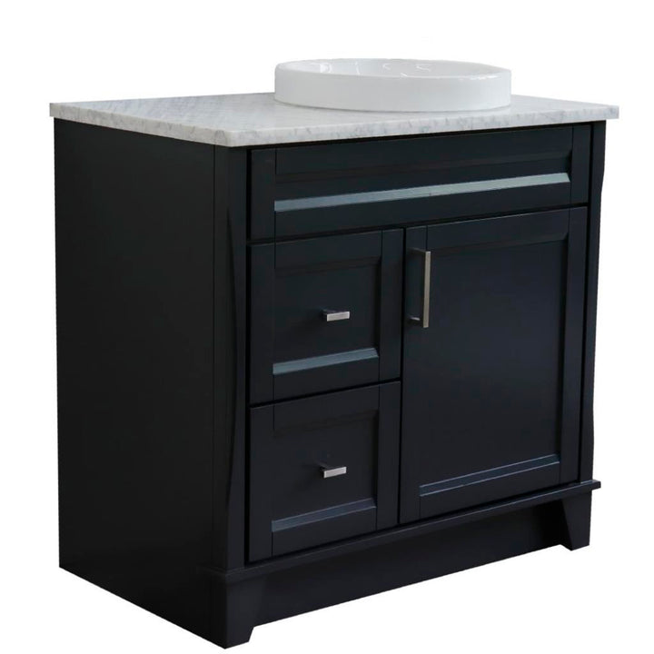 Bellaterra Home, Terni 37" Dark Gray Vanity, Door on Right, Round Sink on Right, White Carrara Marble#top-options_white-carrara-marble-top