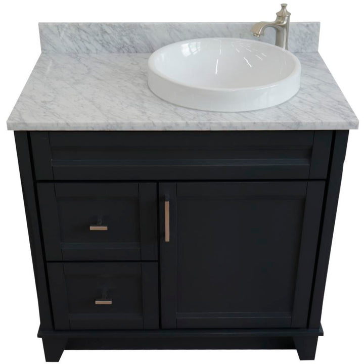 Bellaterra Home, Terni 37" Dark Gray Vanity, Door on Right, Round Sink on Right, White Carrara Marble#top-options_white-carrara-marble-top