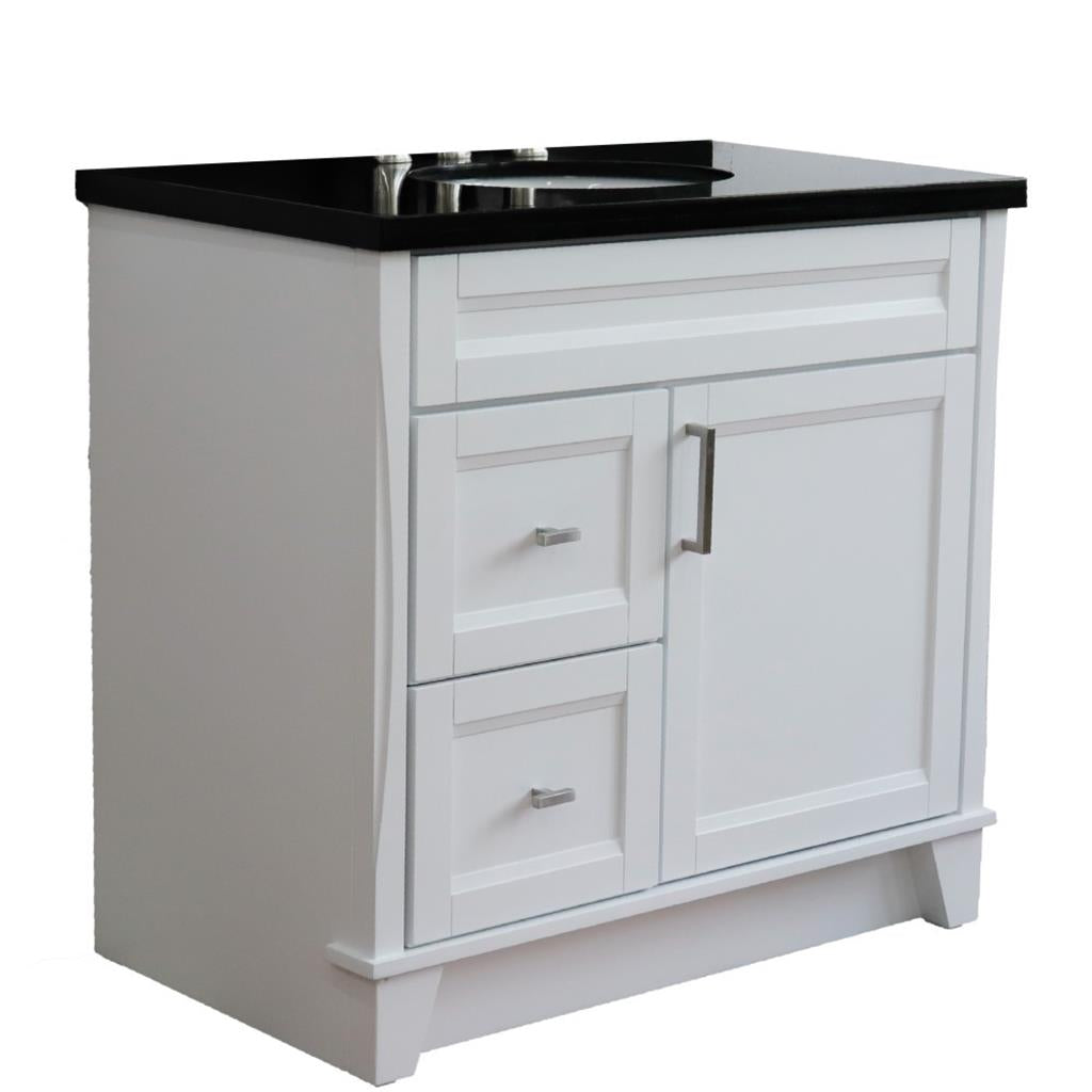 Bellaterra Home, Terni 37" White Vanity, Door on Right, Oval Sink on Center, Black Galaxy Granite#top-options_black-galaxy-granite-top