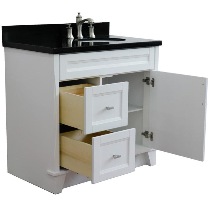 Bellaterra Home, Terni 37" White Vanity, Door on Right, Oval Sink on Right, Black Galaxy Granite#top-options_black-galaxy-granite-top