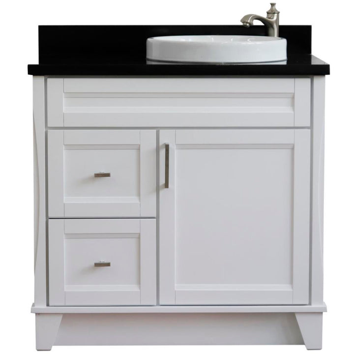 Bellaterra Home, Terni 37" White Vanity, Door on Right, Round Sink on Right, Black Galaxy Granite#top-options_black-galaxy-granite-top