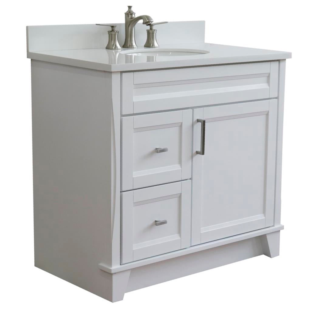Bellaterra Home, Terni 37" White Vanity, Door on Right, Oval Sink on Center, White Quartz#top-options_white-quartz-top