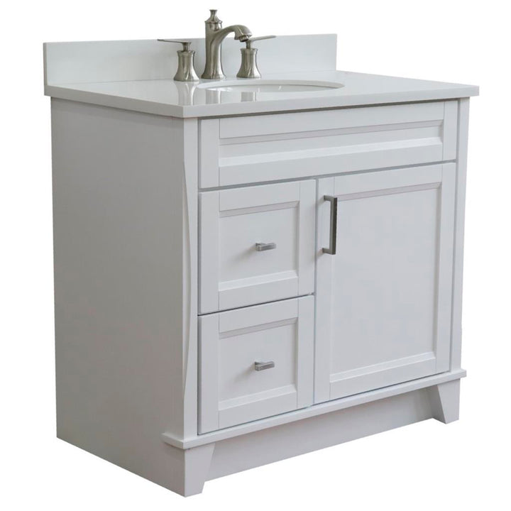 Bellaterra Home, Terni 37" White Vanity, Door on Right, Oval Sink on Center, White Quartz#top-options_white-quartz-top