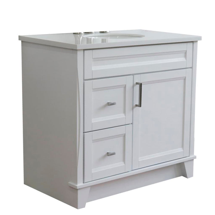 Bellaterra Home, Terni 37" White Vanity, Door on Right, Oval Sink on Center, White Quartz#top-options_white-quartz-top