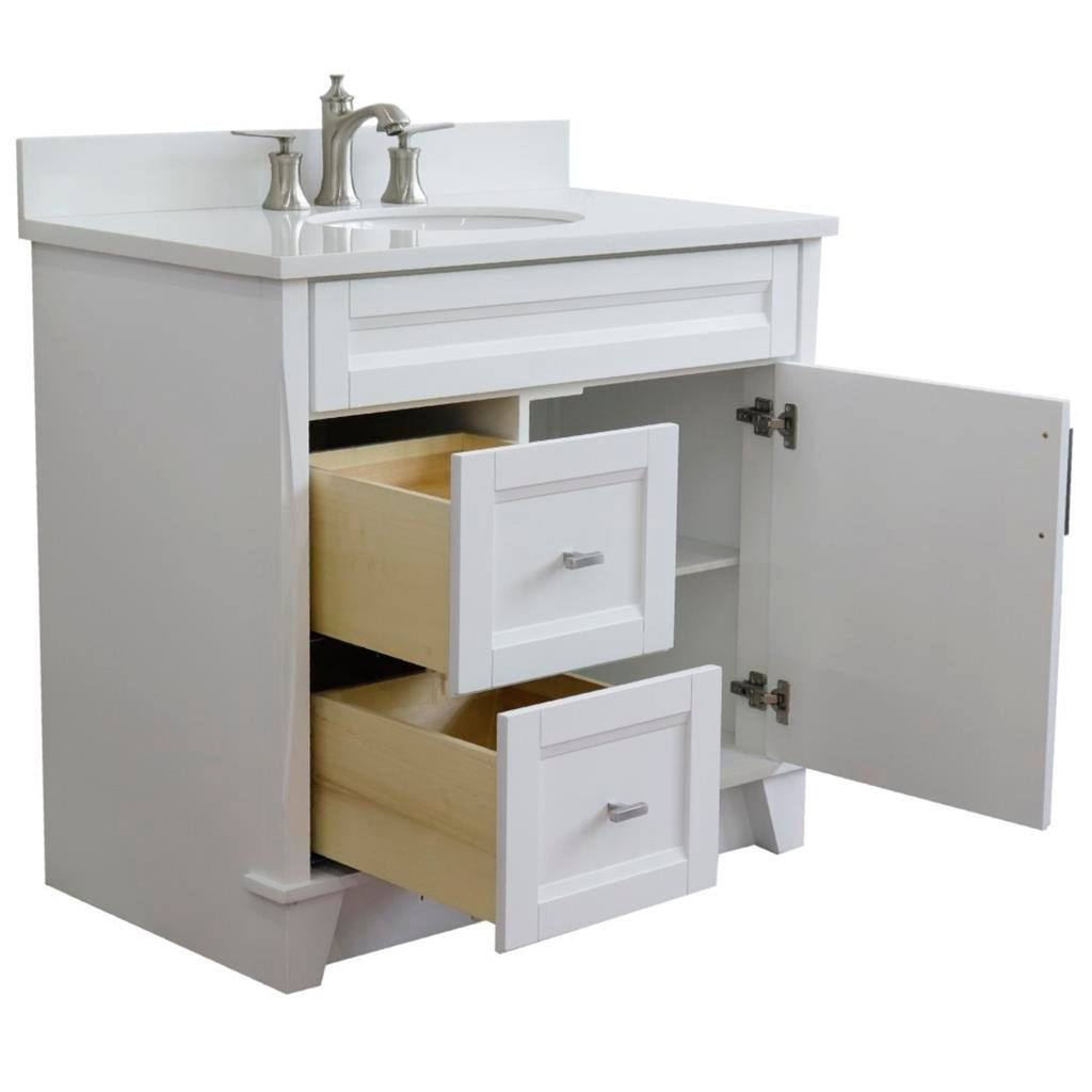 Bellaterra Home, Terni 37" White Vanity, Door on Right, Oval Sink on Center, White Quartz#top-options_white-quartz-top