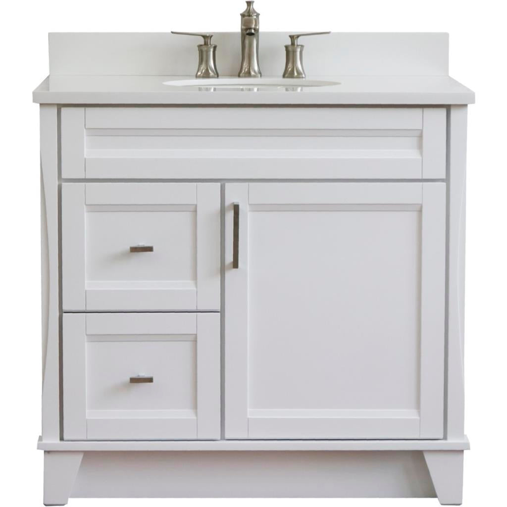 Bellaterra Home, Terni 37" White Vanity, Door on Right, Oval Sink on Center, White Quartz#top-options_white-quartz-top