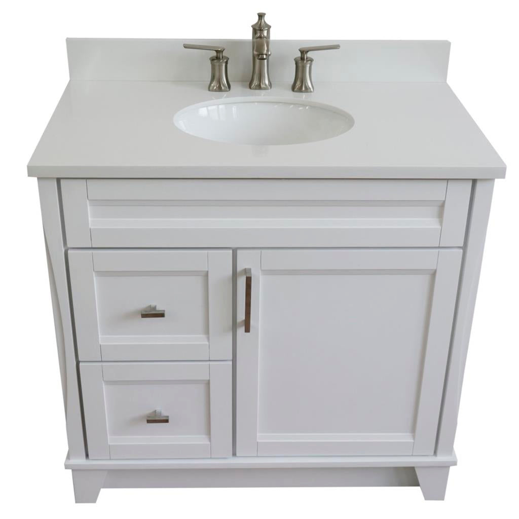 Bellaterra Home, Terni 37" White Vanity, Door on Right, Oval Sink on Center, White Quartz#top-options_white-quartz-top