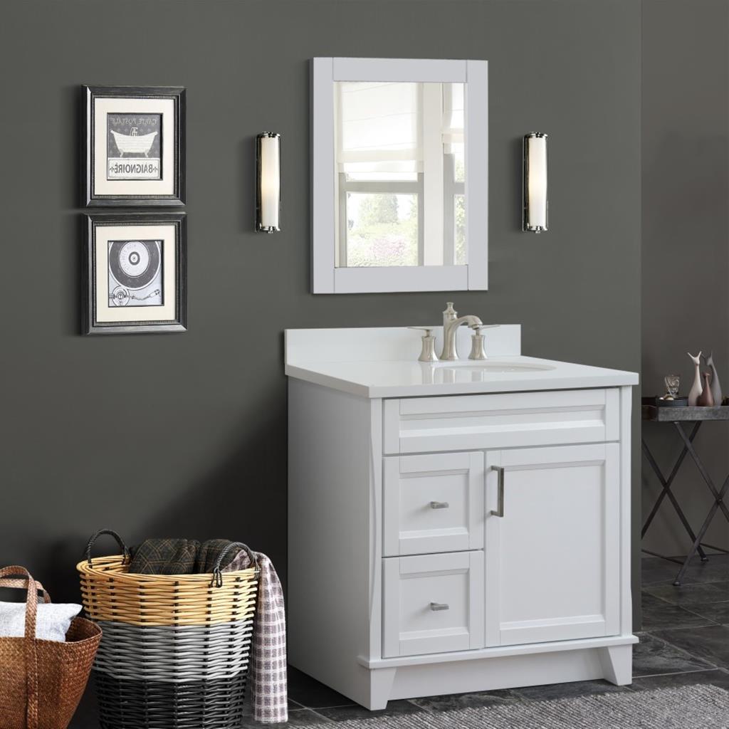 Bellaterra Home, Terni 37" White Vanity, Door on Right, Oval Sink on Right, White Quartz#top-options_white-quartz-top