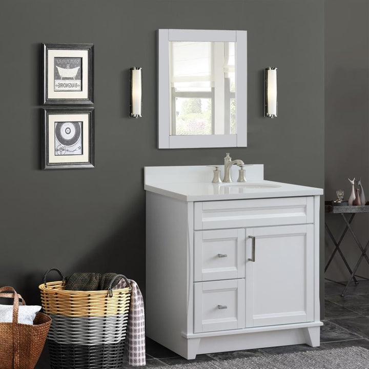 Bellaterra Home, Terni 37" White Vanity, Door on Right, Oval Sink on Right, White Quartz#top-options_white-quartz-top