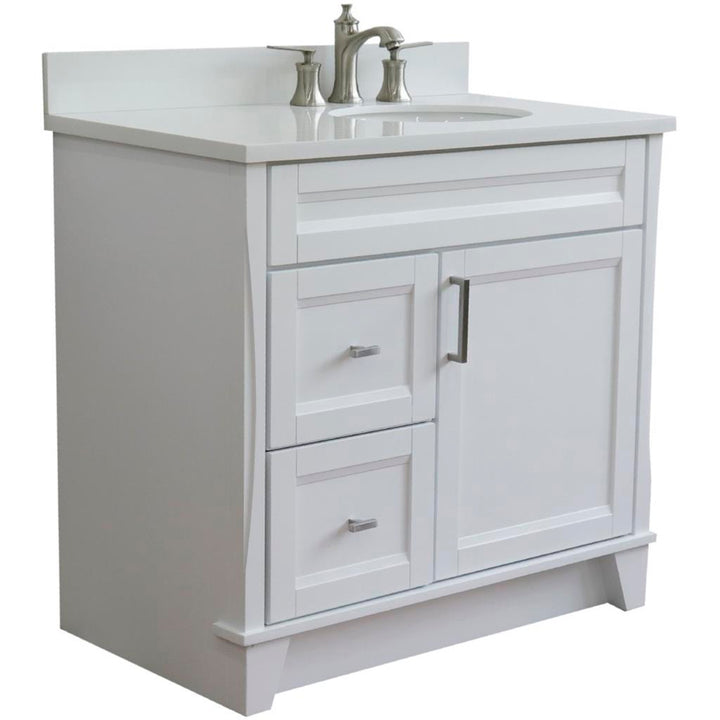 Bellaterra Home, Terni 37" White Vanity, Door on Right, Oval Sink on Right, White Quartz#top-options_white-quartz-top