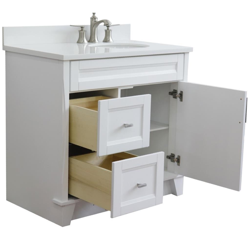 Bellaterra Home, Terni 37" White Vanity, Door on Right, Oval Sink on Right, White Quartz#top-options_white-quartz-top