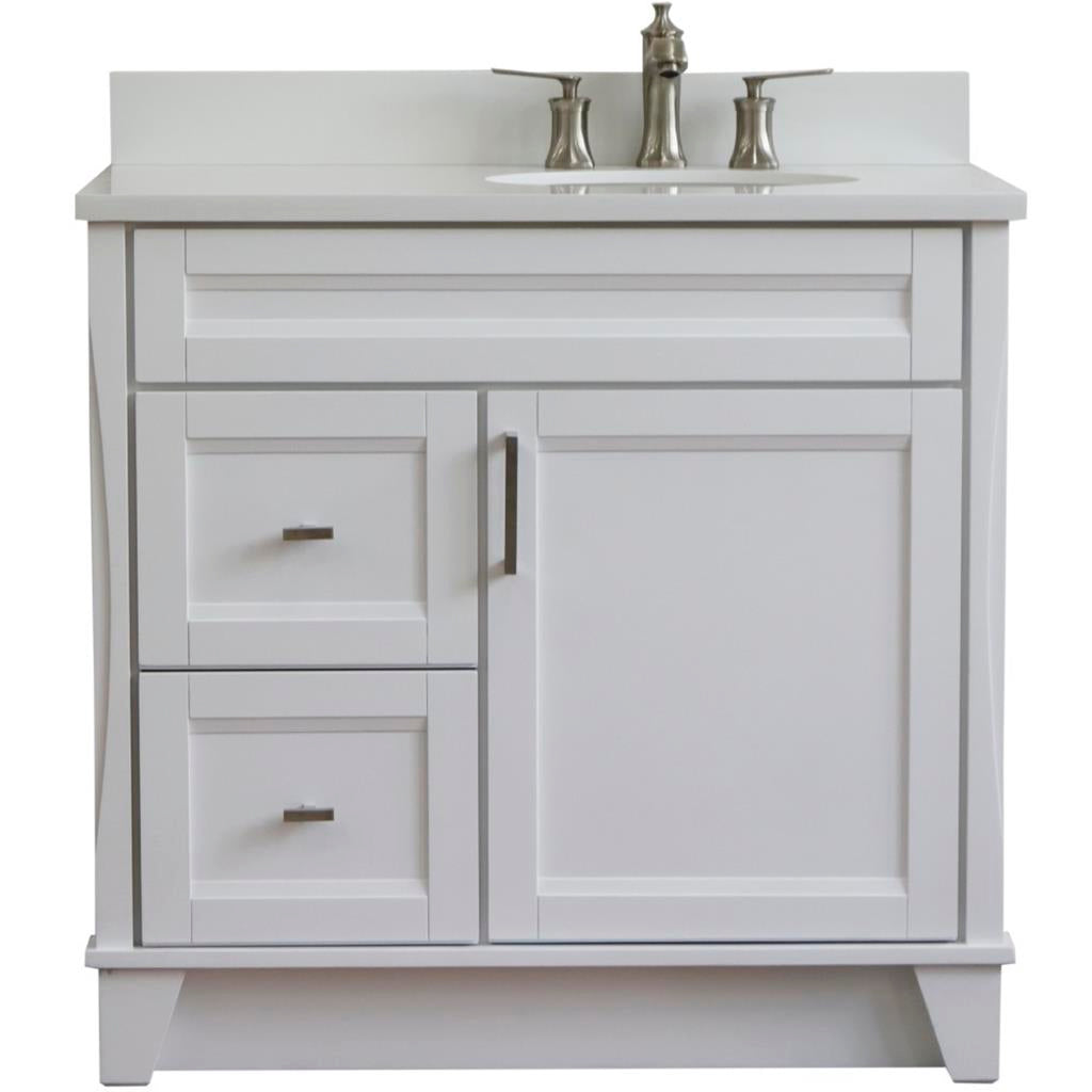 Bellaterra Home, Terni 37" White Vanity, Door on Right, Oval Sink on Right, White Quartz#top-options_white-quartz-top