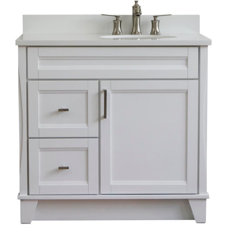 Bellaterra Home, Terni 37" White Vanity, Door on Right, Oval Sink on Right, White Quartz#top-options_white-quartz-top