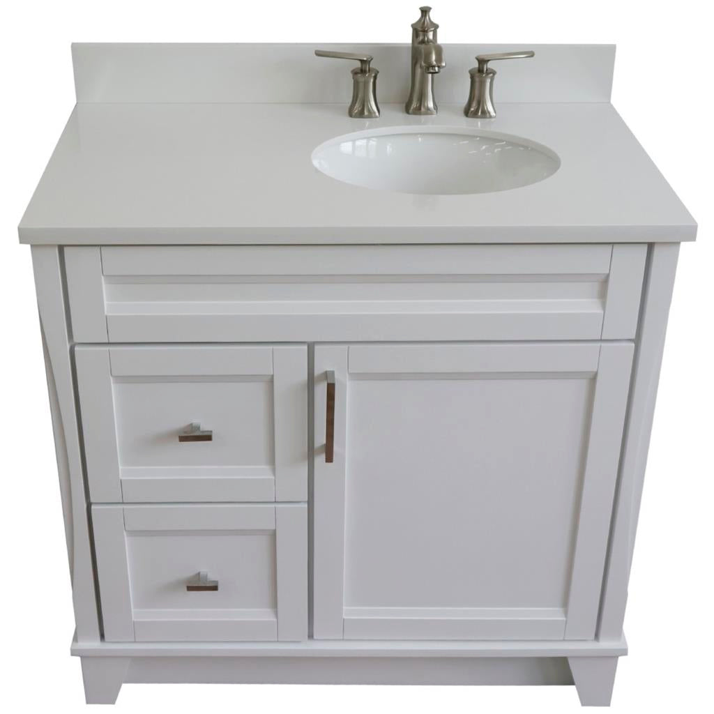 Bellaterra Home, Terni 37" White Vanity, Door on Right, Oval Sink on Right, White Quartz#top-options_white-quartz-top