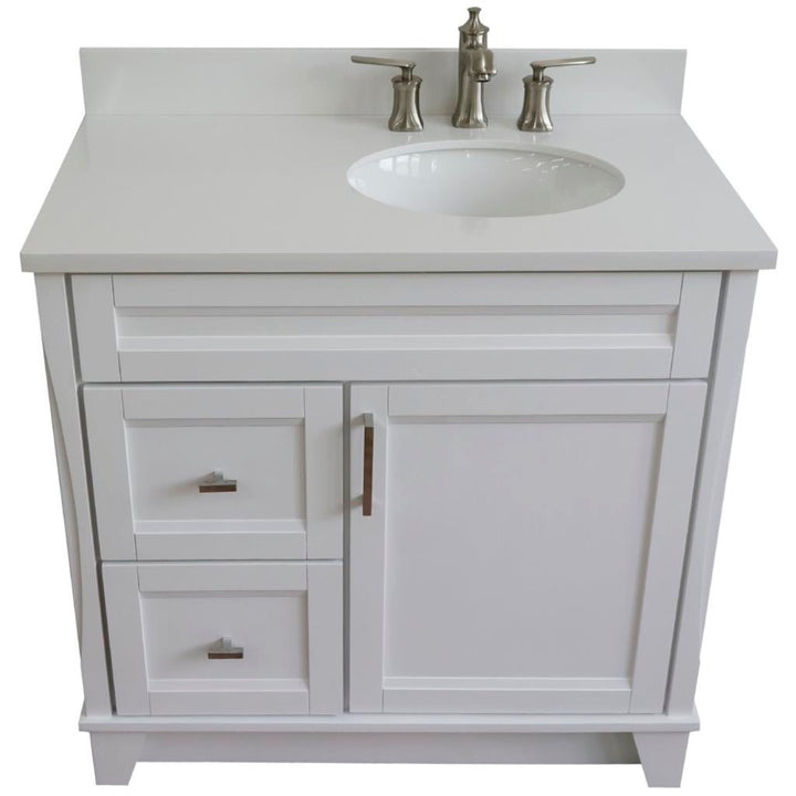 Bellaterra Home, Terni 37" White Vanity, Door on Right, Oval Sink on Right, White Quartz#top-options_white-quartz-top