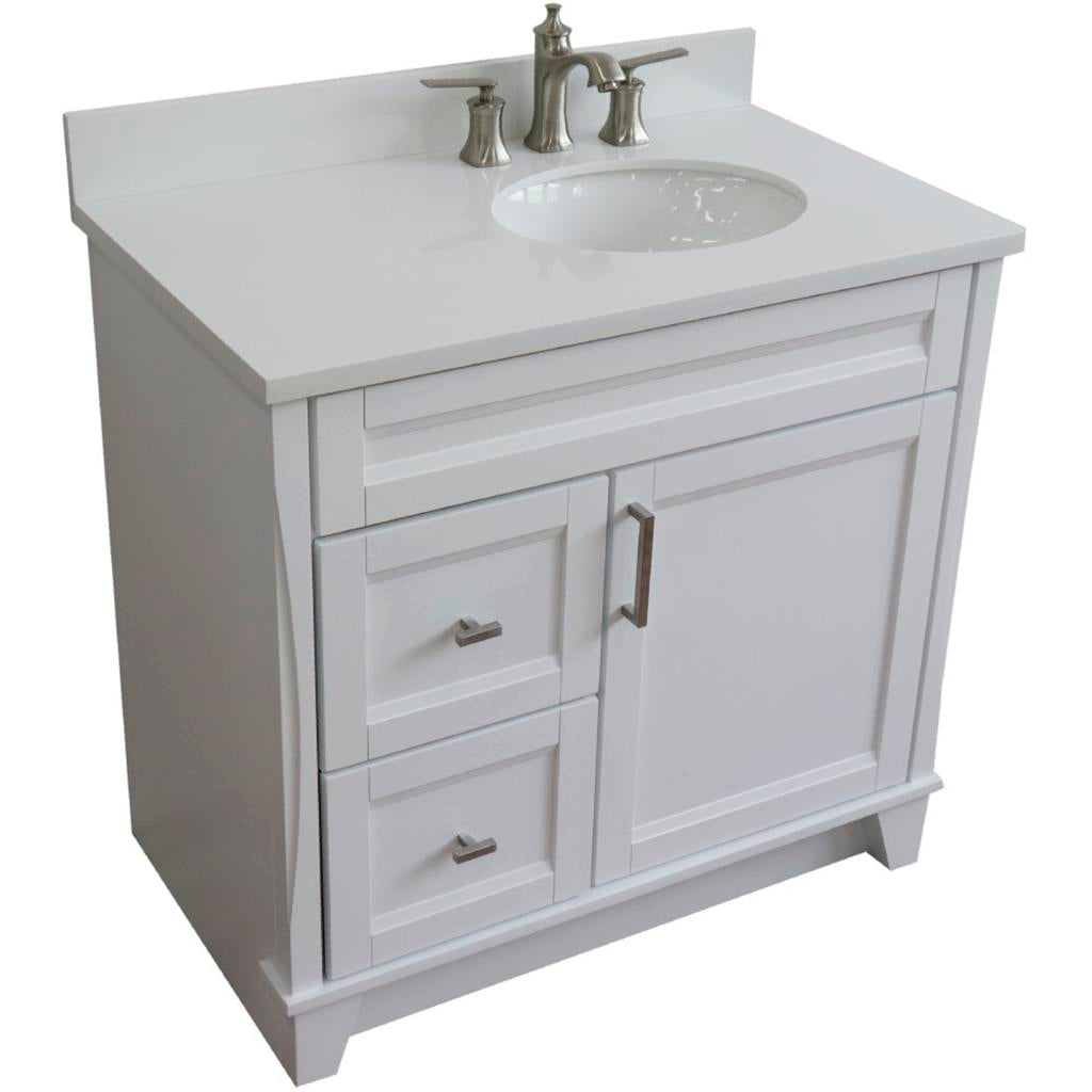 Bellaterra Home, Terni 37" White Vanity, Door on Right, Oval Sink on Right, White Quartz#top-options_white-quartz-top