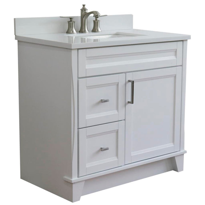 Bellaterra Home, Terni 37" White Vanity, Door on Right, Rectangle Sink on Center, White Quartz#top-options_white-quartz-top