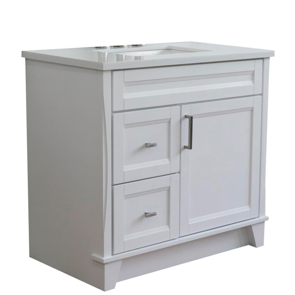 Bellaterra Home, Terni 37" White Vanity, Door on Right, Rectangle Sink on Center, White Quartz#top-options_white-quartz-top